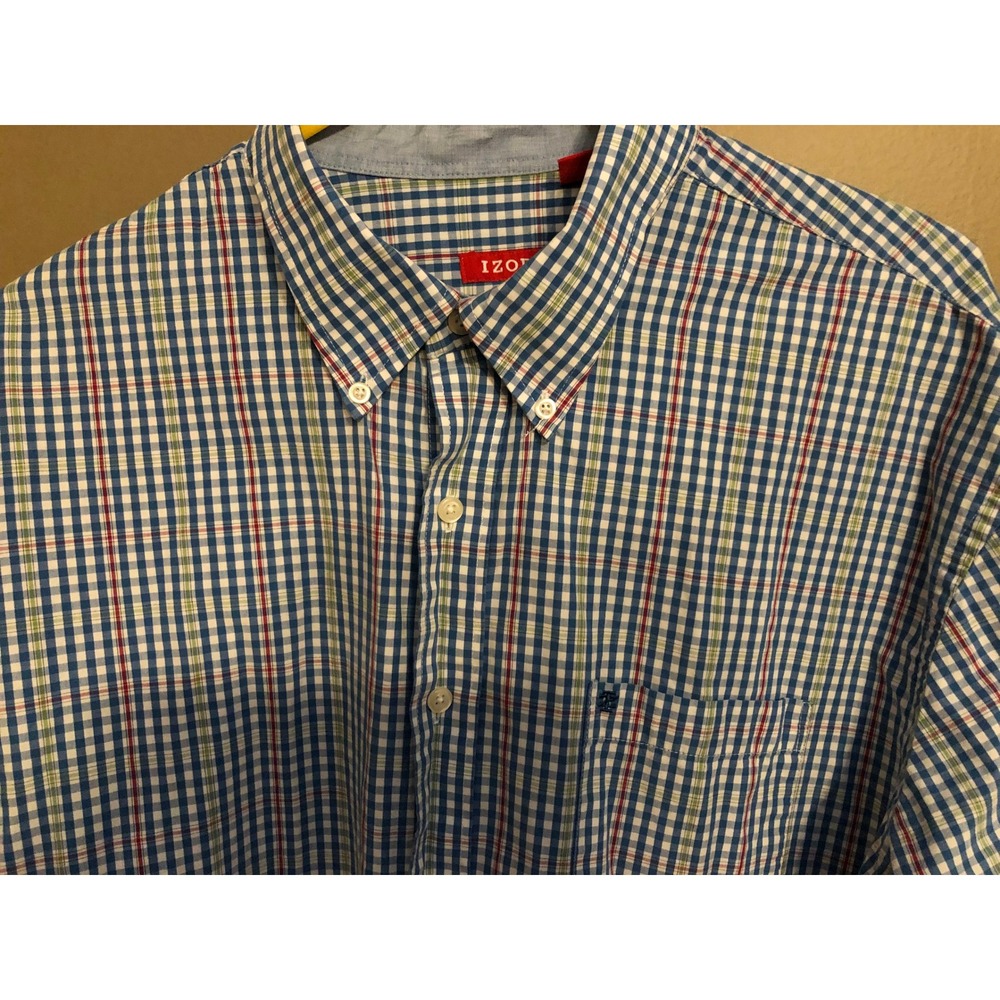 IZOD Mens XL Long Sleeve Plaid Button Down Shirt Blue Green Red Check